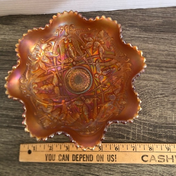 Antique Northwood Iridescent Marigold Wishbone Footed Glass Bowl - Picture 9 of 14